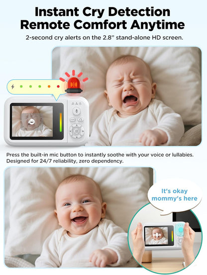 Baby Monitor with Camera and Night Vision - Portable HD Baby Camera Monitor with Cot Clip & Holder, No Wifi, Secure 2.4Ghz, Cry Detection, 4X Zoom, Reminder, Temp Sensing & Lullabies