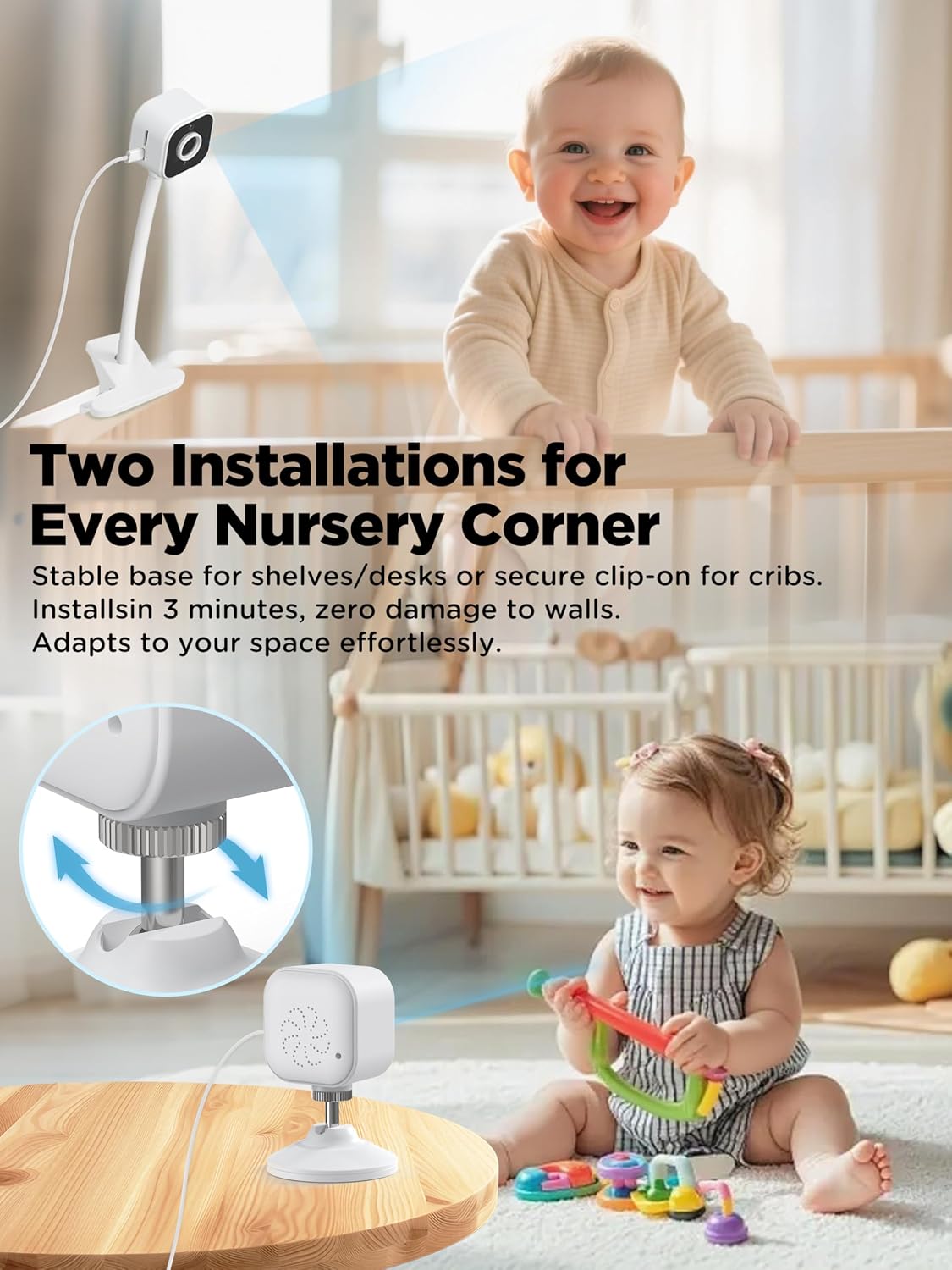 Baby Monitor with Camera and Night Vision - Portable HD Baby Camera Monitor with Cot Clip & Holder, No Wifi, Secure 2.4Ghz, Cry Detection, 4X Zoom, Reminder, Temp Sensing & Lullabies