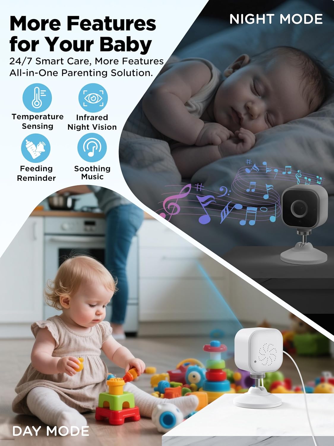 Baby Monitor with Camera and Night Vision - Portable HD Baby Camera Monitor with Cot Clip & Holder, No Wifi, Secure 2.4Ghz, Cry Detection, 4X Zoom, Reminder, Temp Sensing & Lullabies