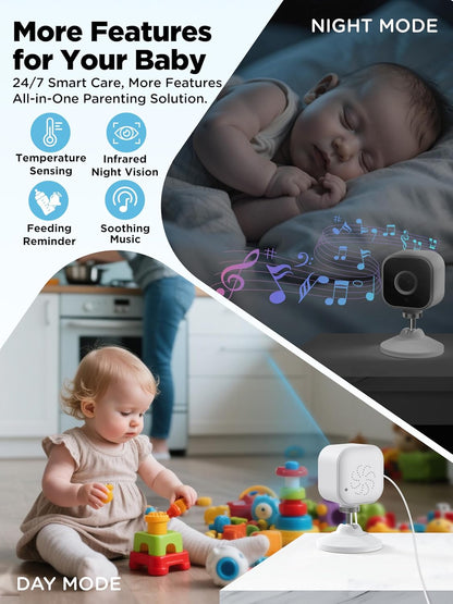 Baby Monitor with Camera and Night Vision - Portable HD Baby Camera Monitor with Cot Clip & Holder, No Wifi, Secure 2.4Ghz, Cry Detection, 4X Zoom, Reminder, Temp Sensing & Lullabies
